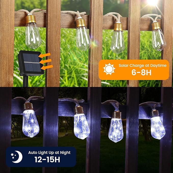 Solar String Lights for Outside, 24FT Vintage Rope Hemp Solar Outdoor String Lights with 20 Shatterproof Bulbs, Solar Powered Waterproof 8 Modes Patio Lights for Garden Fence Balcony Camping - White