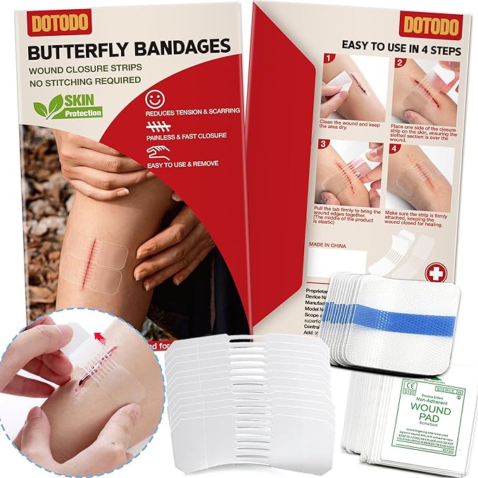 Butterfly Bandages Emergency Wound Closure - HSA or FSA Eligible - Dotodo 12PCS Repair Wounds Without Stitche | Rapid Butterfly Closure Bandages, Transparent