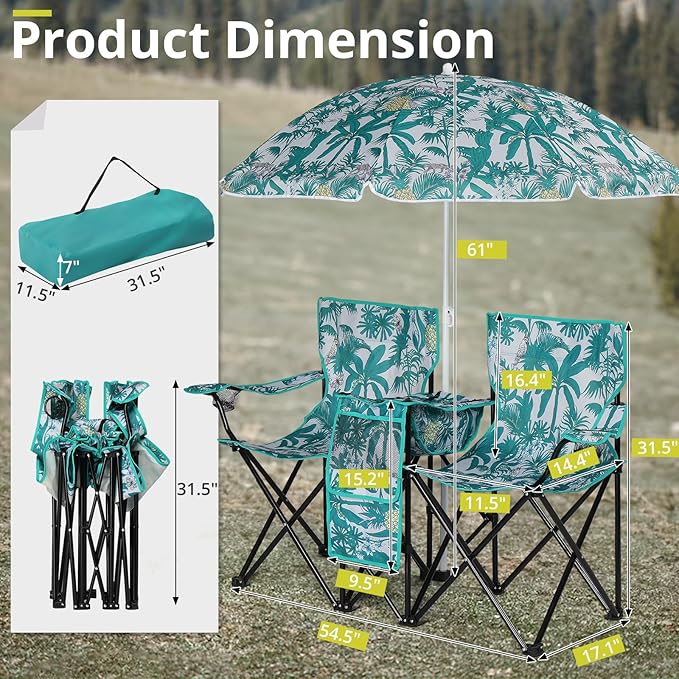 Outvita Folding Double Camping Chair w/Umbrella Beverage Holder Carrying Bag Cooler Fold Up Table, Large Bearing Capacity for Beach Patio Pool Park Outdoor Coconut Tree Pattern