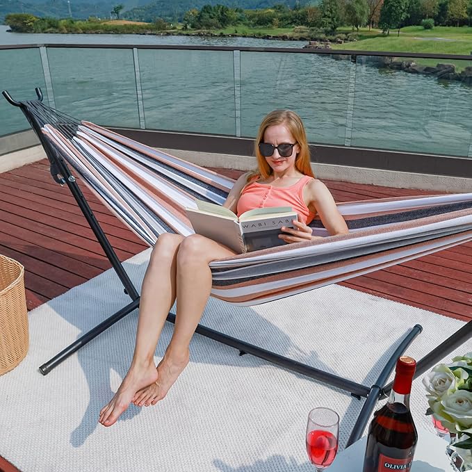 Prime Garden Hammock with Stand for Outside, Heavy Duty Space Saving Steel Stand with 450 lb Capacity, Double Hammock with Portable Carrying Bag, Hamacas Para Adultos for Outdoors, Patio, Garden, Yard
