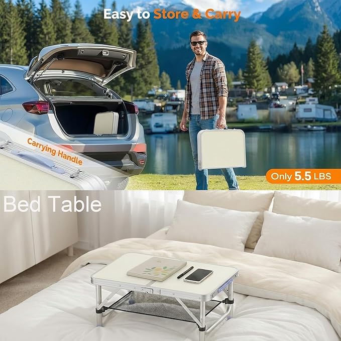 Small Folding Table Portable, 2ft Camping Pinic Table with 3 Adjustable Height, Aluminum Foldable Lightweight Patio Side Table with Carry Handle for Outdoor Indoor Hiking Camp BBQ Beach (White)