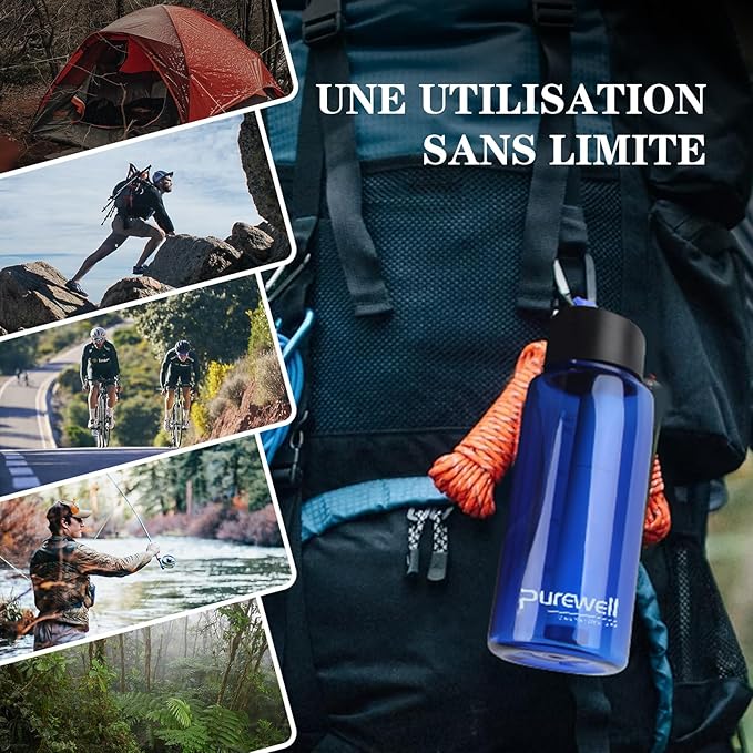 Purewell Filtered Water Bottle BPA Free with 5-Stage Integrated Filter Straw for Camping, Hiking, Backpacking and Travel