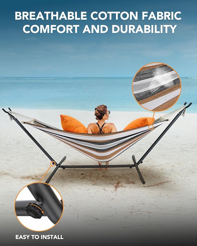 Everyfun Double Hammock with Space-Saving Steel Stand, 2 Person Heavy-Duty Hammock for Garden, Yard or Outdoor, 600lbs Capacity, Coffee