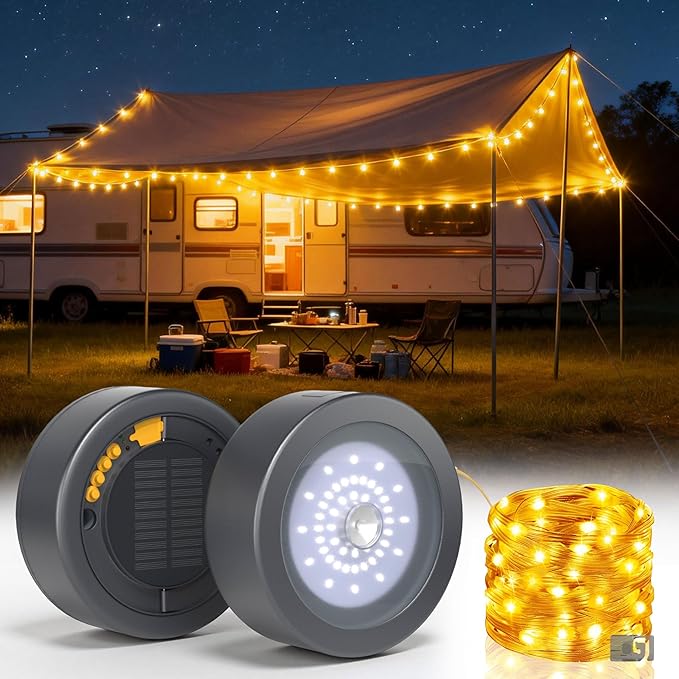5200 mAh Solar Camping String Lights, Portable Warm White Fairy String Light, 33FT 4-in-1 Waterproof Hanging String Lights, USB-C Rechargeable Phone Charger for Christmas Decor, Patio, Party