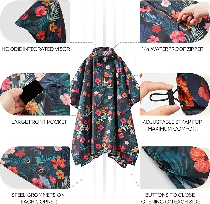 PTEROMY 3-in-1 Hooded Rain Poncho for Adult with Pocket, Waterproof Lightweight Unisex Raincoat for Hiking Camping Emergency