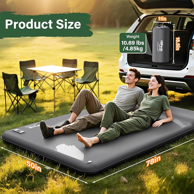 HiiPeak Double Camping Sleeping Pad with Electric Pump, 3" Thick 2 Person Self Inflating Memory Foam Mattress Pad with Pillow, Portable Sleeping Mat for Travel, Car, Tent, Full Size (Gray)