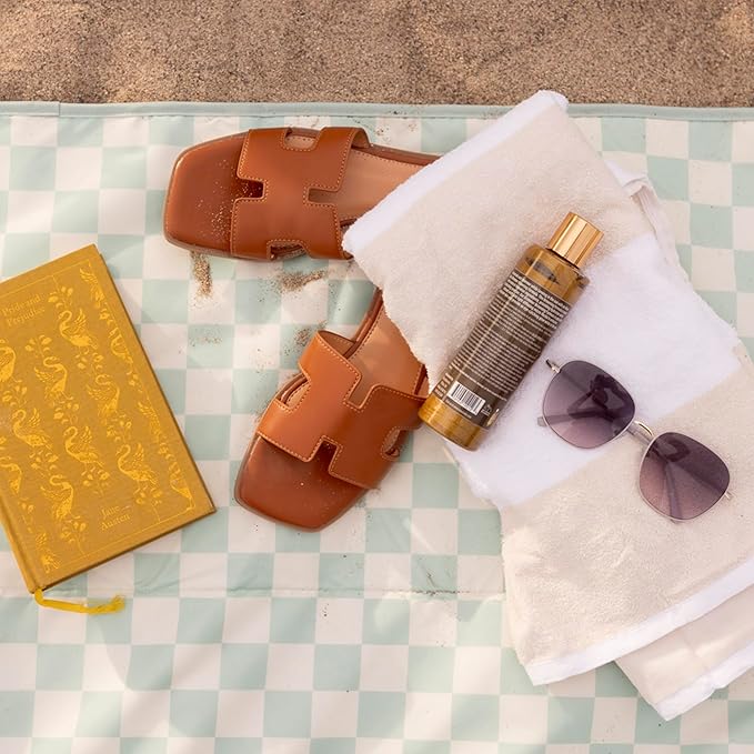 Tiny Twinkle Waterproof Picnic Blanket | 5'x7' 100% Recycled Polyester, Sandproof, Foldable & Portable for Beach, Camping, Travel (Sage Checkers
