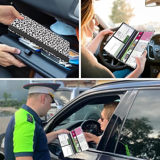 Car Registration and Insurance Holder, with Magnetic Closure for License, Cards and Documents, All Vehicle Needs and Car Accessories (Leopard-White)
