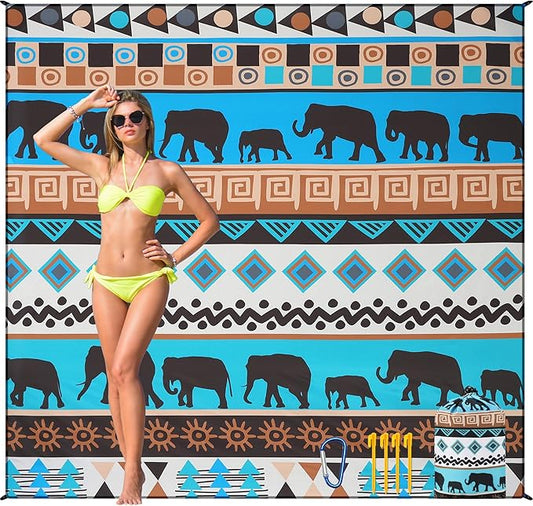 HIHOHO Beach Blanket Waterproof Sandproof Beach Mat for 1-8 Adults Quick Drying Durable Outdoor Picnic Mat for Beach Festival Travel Camping Hiking (Elephant-GN, 79"×83"(4 Person))