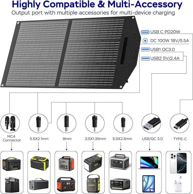 MARBERO 100W Portable Solar Panel 100 Watt Foldable Solar Panel IP68 Waterproof Charger for Power Station, USB/DC Devices 18V Output(10 Connectors) >23% High Efficiency for Camping Outdoor RV Cloudy