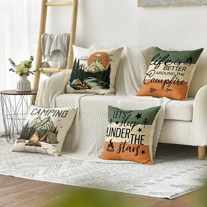 AVOIN colorlife Life is Better Around The Campfire Throw Pillow Covers 18x18 Inch Set of 4, Camping Let's Sleep Under The Stars Saying Cusion Case Decoration for Sofa Couch