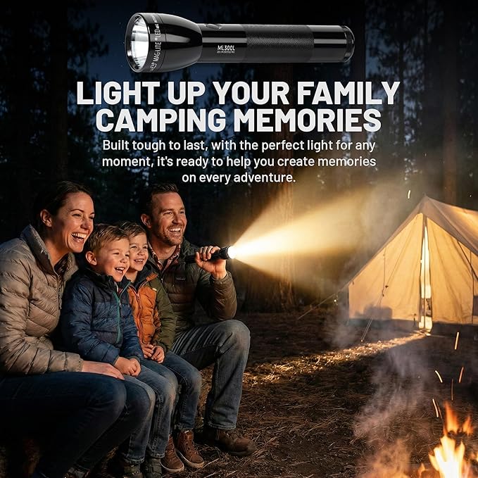 MagLite High Lumens LED Flashlight – ML300L 4-Cell D Flashlight with Adjustable Focus for Precise Beam, Long Battery Life, Water-Resistant for Emergency, Outdoor, and Camping – Black