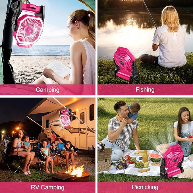 Odoland Rechargeable Camping Fan, 20000mAh Battery Fans with LED Lantern for Tent Car Beach Storm, Portable Light Desk Cooling Fan for Picnic Power Outage Hurricane, Pink