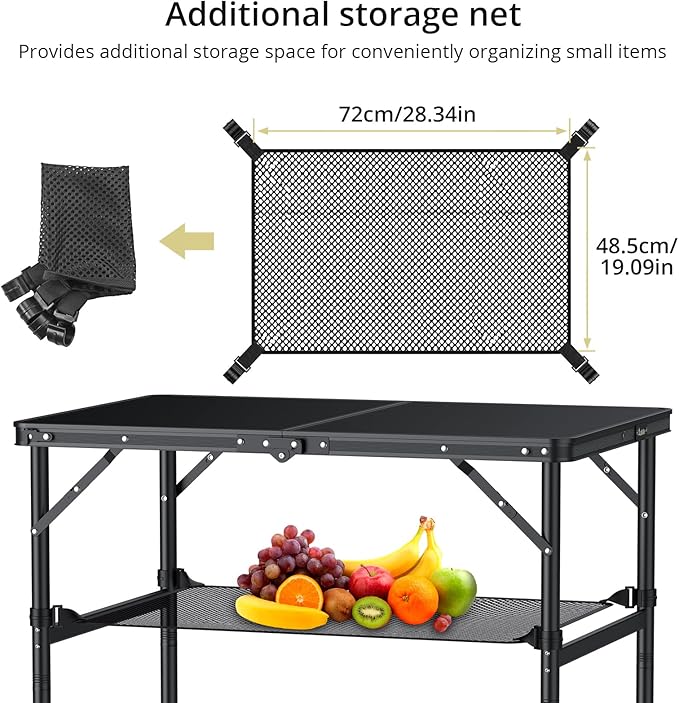 Anbte 3ft Camping Table Foldable with Storage Net, 3 Heights Max 29.5" Aluminum Camping Table with Portable Handle, Lightweight, for Travel Outdoor Beach Picnic Patio Indoor, 36" x 24", Pure Black
