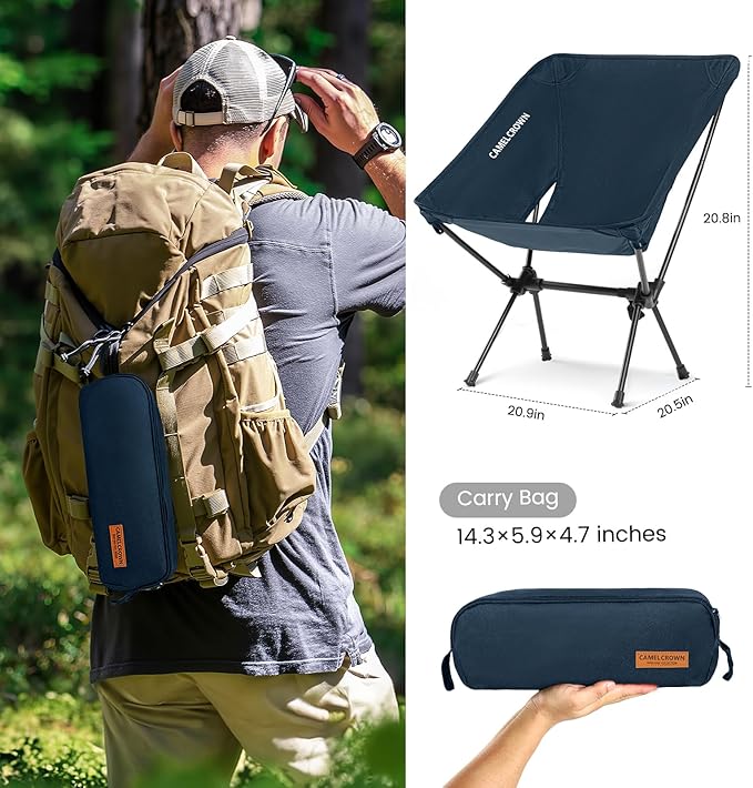 CAMEL CROWN Portable Camping Chair Folding Compact Lawn Lightweight Backpacking Chair with Carry Bag for Outdoor Hiking Beach Travel Picnic Festival Navy Blue 2pc