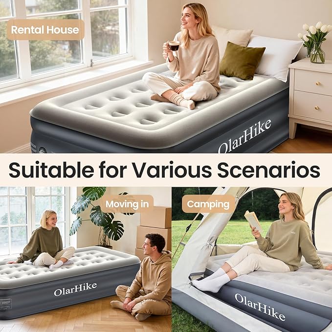 OlarHike Twin Air Mattress with Built-in Pump, 18" Raised Inflatable Bed for Home & Outdoor Use, 300lb Weight Capacity - Portable Blow-up Mattress for Guests, Camping, and Travel