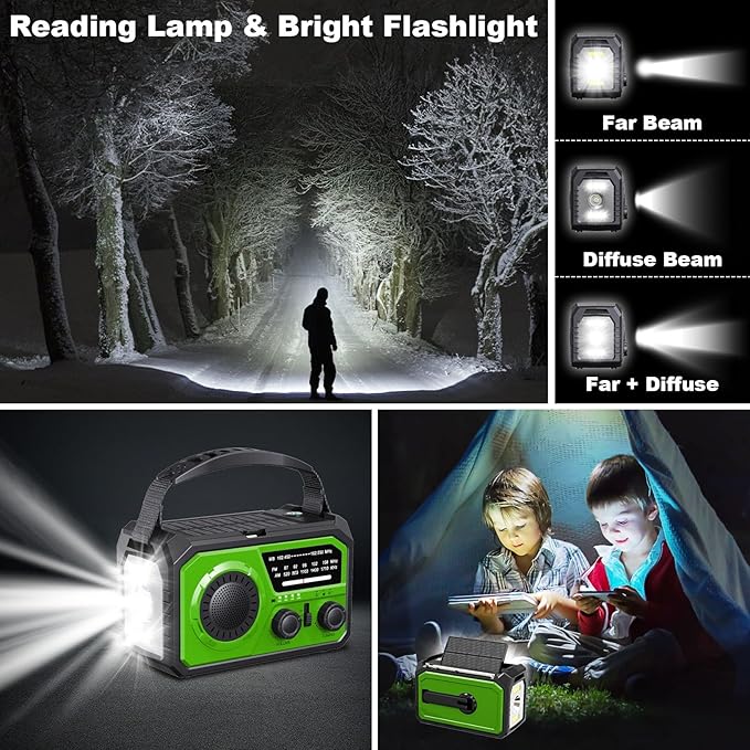 16000mAh Hand Crank Emergency Weather Radio with Wireless Speaker, 59200mWh NOAA AM FM Solar Radio with Flashlight Cell Phone Charger Reading Lamp Compass SOS for Camping and Survival (Green)