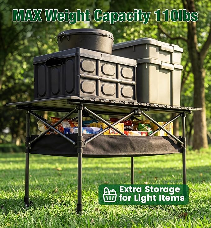 Folding Camping Table, 37.4" Aluminum Roll Top Table Lightweight, Adjustable Height Outdoor Table with Storage Mesh & Carry Bag, Portable Camp Gear for Picnic Tailgate BBQ, Black