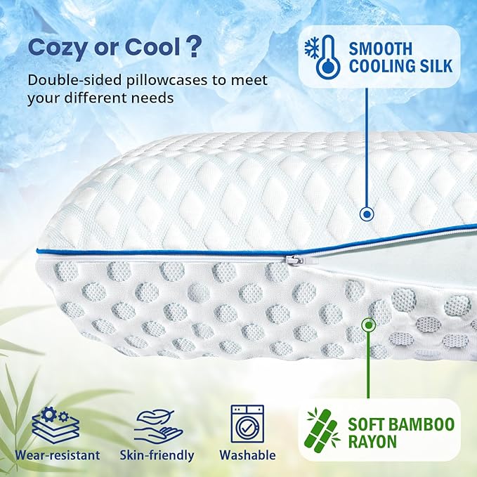 Cooling Gel Memory Foam Pillows for Sleeping Standard Size, Bamboo Rayon Bed Pillow for Back Side Sleeper, Medium Firm Contoured Support for Neck Shoulder Pain Relief, Washable Breathable Dorm Twin XL