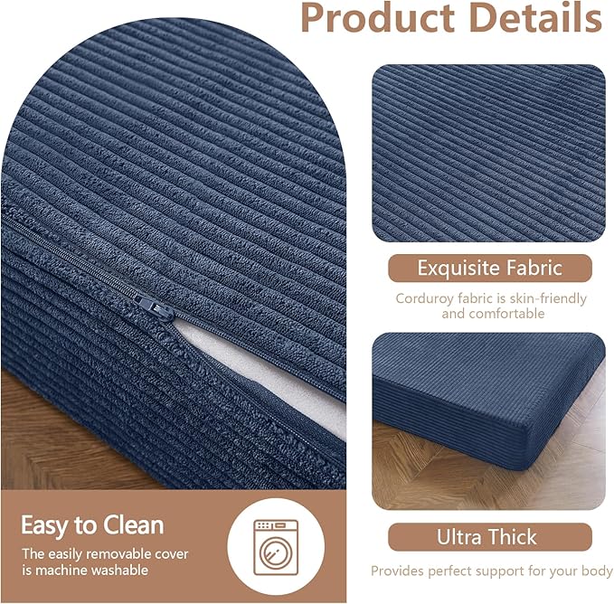 BYBYME Tri-Folding Corduroy Mattress, 6 Inch Gel Folding Mattress Topper, Foldable Soft Guest Bed Camping Pad, Washable Cover (Bluestone, Full)