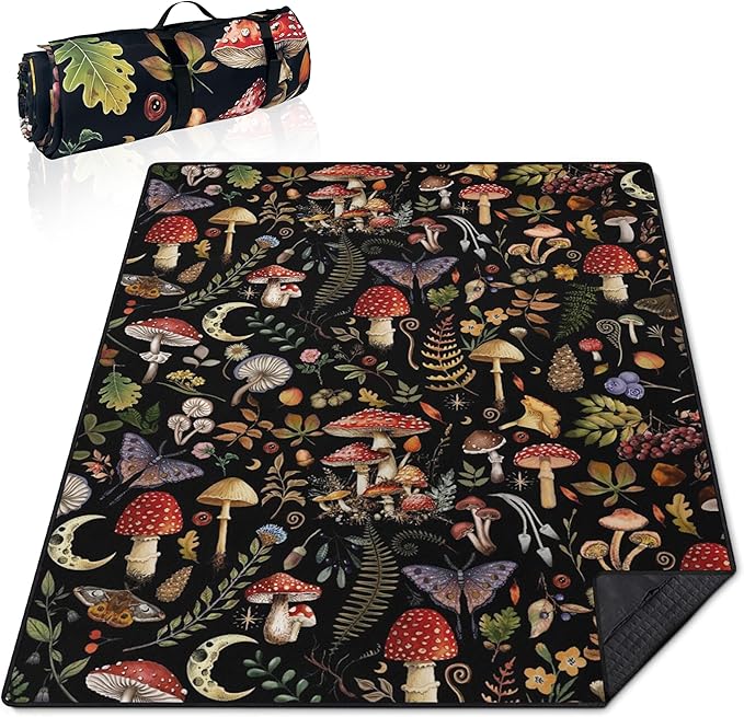 Supfitness Extra Large Picnic Blankets Waterproof Foldable (60"x 80") Mushroom Beach Blanket Waterproof Sandproof,3-Layer Thicking Mat Outdoor Packable Camping Blanket