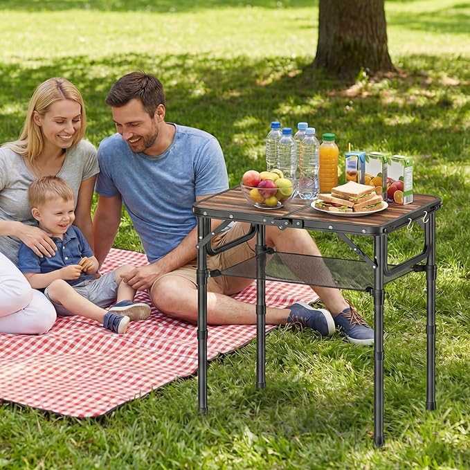 YihuiKo Folding Picnic Table with Storage Net, 3 Adjustable Heights Aluminum Small Folding Table, Lightweight, Portable Carrying Handle, for Camping Travel Outdoor