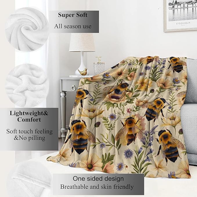 Bumblebee and Floral Blanket Bee and Wildflower Yellow Throw Blankets Gifts for Girls Boys Adults Lightweight Soft Fleece Cozy for Sofa Couch Bed Room Travel Birthday Decor 40x50in