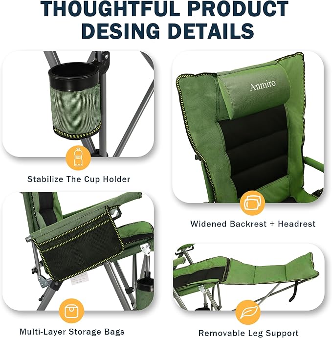 Folding Camping Chair for adults-3-in-1 Heavy Duty Foldable Camp Chair with Detachable Footstool, Padded Pillow, Cup Holder & Carry Bag,5-Speed Adjustable,400 LBS Capacity