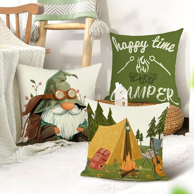 Gnome Happy Camper Camping Life Throw Pillow Covers 18x18 Inch Set of 4 Mountain Tent Campfire Cushion Covers Outdoor Decor for Couch Cushion Cases