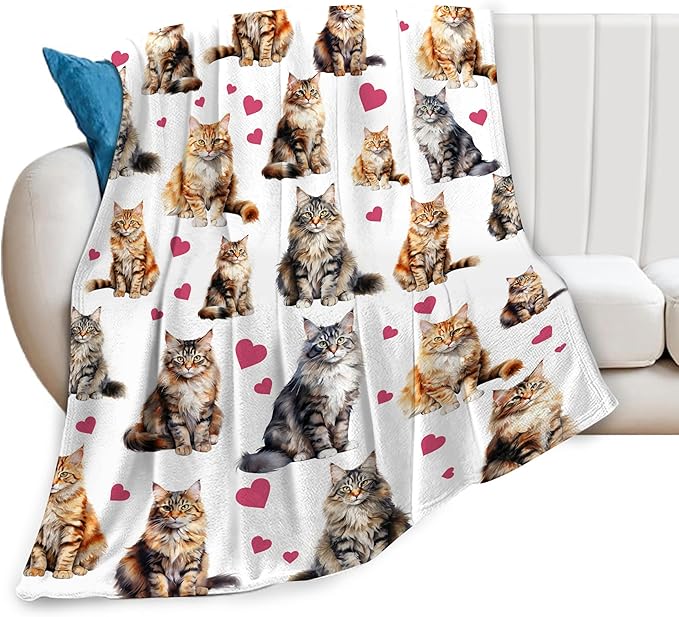 Cat Blanket Soft Cute Kitten Maine Coon Plush Throw Blanket Warm Flannel Fleece Bedding Stuff Animal Decor Blanket Gifts for Cat Lover Girls Boys Kids Adults Women 50"x60"