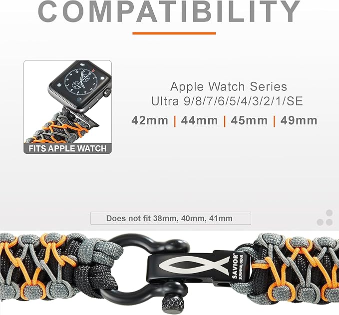 Savior Survival Gear Paracord Watch Band,Compatible with Apple Watch Band 49mm 46mm 45mm 44mm 42mm,iWatch Band Series Ultra 10 9 8 7 6 5 4 3 2 1 SE, Adjustable strap for men ( Black-Gray-Orange,Large)