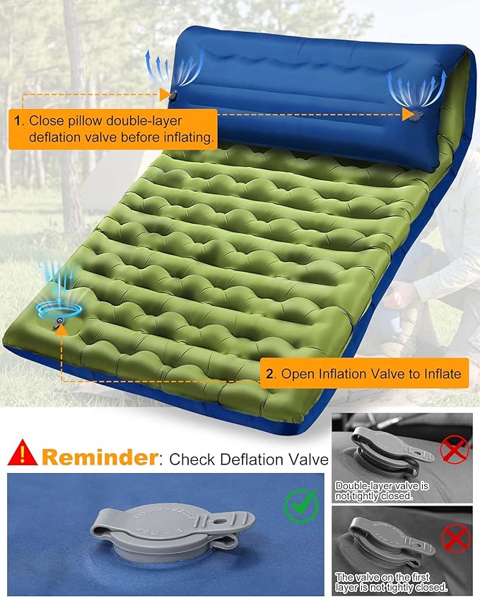 Double Sleeping Pad for Camping, 5.9 Inch Thick Self Inflating Sleeping Mat for Camping with Built in Pillow and Foot Pump, 2 Person Camping Mattress for Backpacking Hiking