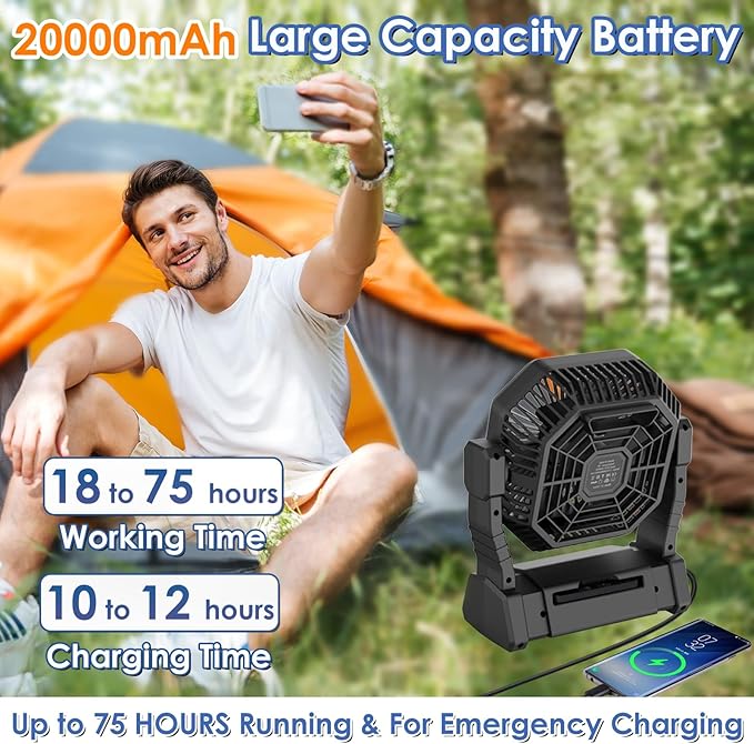 COZII Battery Operated Fan, 20000mAh Rechargeable Portable Fan with LED Lantern - 3 Colors, 4 Speeds, 4 Timing, Adjustable Head with Hook, Camping Fan for Table, BBQ, Beach, Hiking, Travel