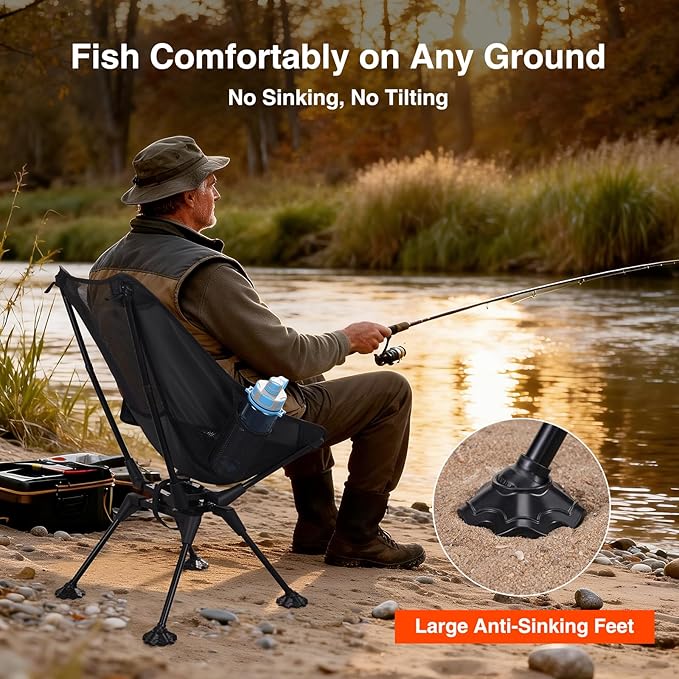 Trakiom 360° Swivel Folding Camping Chairs, Compact and Portable Chair for Outdoor Camp, Foldable Chairs with Anti-Sinking Large Feet for Travel, Beach, Picnic, Sports, Fishing Support 300 LBS(Black)