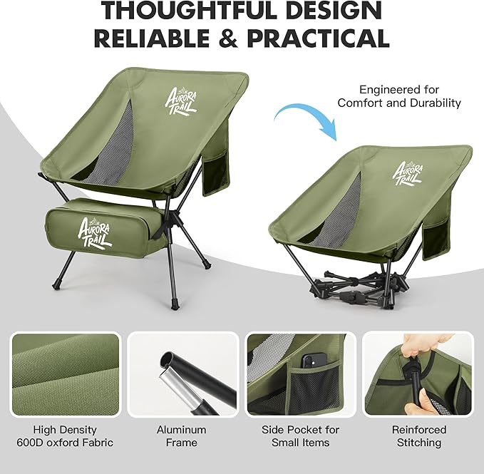 AuroraTrail Ultralight Backpacking Camping Chair – Only 2.7 lb, Supports 330 lb, Compact Folding Outdoor Seat with Carry Bag, 7075 Aluminum Frame for Hiking, Camping & Festivals (Green)