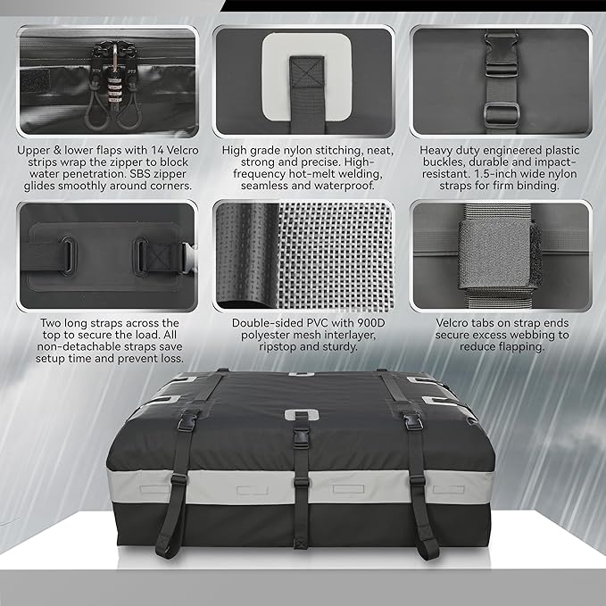 MARCHWAY Waterproof Car Roof Luggage Bag, Weatherproof Soft Shell Rooftop Cargo Carrier Bag for Vehicles with or Without Rack. 6 Door Hooks, Anti Slip Mat, Lock Included (15 Cubic Feet, Black)