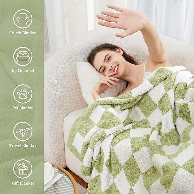 SeaRoomy Checkered Throw Blanket, Ultra Soft Cozy Microfiber Knit Throw Blanket, Warm Fluffy Reversible Checkerboard Blanket for Couch Bed Travel Picnic Room Decor(Sage Green, 60"×79")