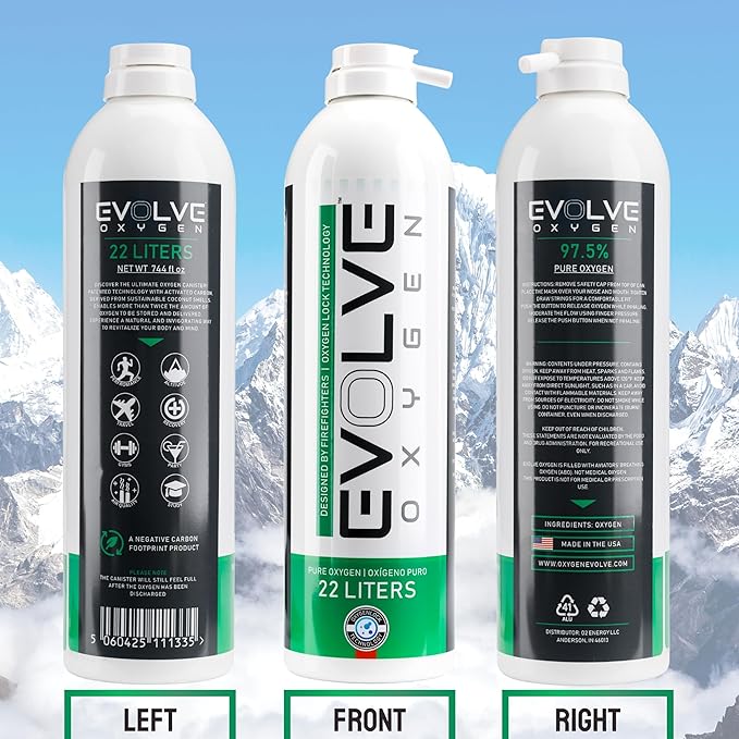 EVOLVE | 44-Liters of Pure Oxygen | Mask and Tube | 2X 22 Liter Canisters | Portable Oxygen Cans | Ideal for Home Use and Outdoor Activities | Designed by Firefighters | Made in The UK | Pack of 1