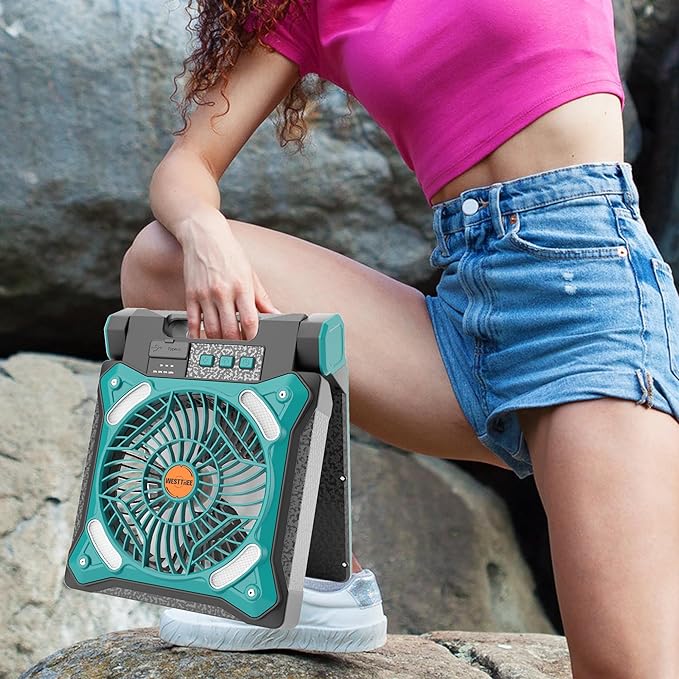WESTTREE Solar Fan Battery Powered Rechargeable Solar Camping Fan with Led Lantern & Power Bank Foldable Angle USB Personal Fans for Travel Outdoor Camping Tents X98 Cyan