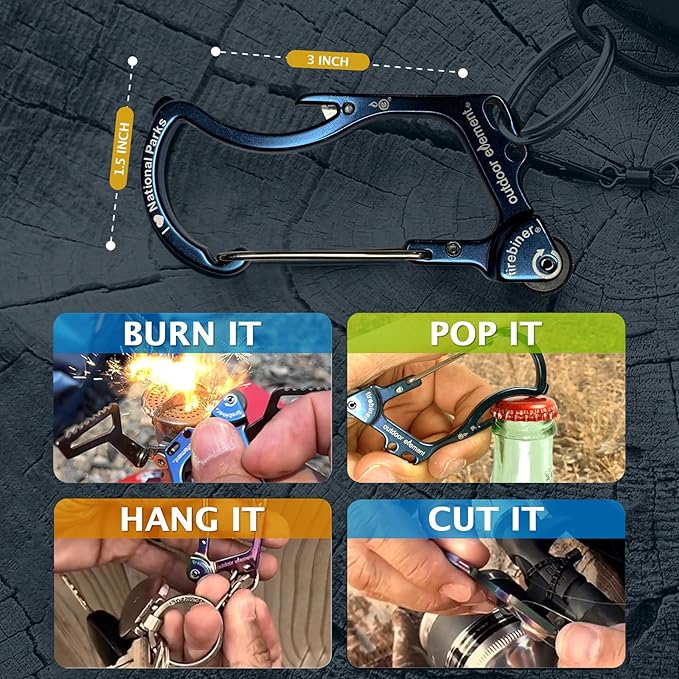 OUTDOOR ELEMENT Firebiner Custom Engraved 6-in-1 Fire Starter Carabiner Multitool – Survival Gear EDC Keychain with Utility Blade, Bottle Opener, Screwdriver, Emergency Tool
