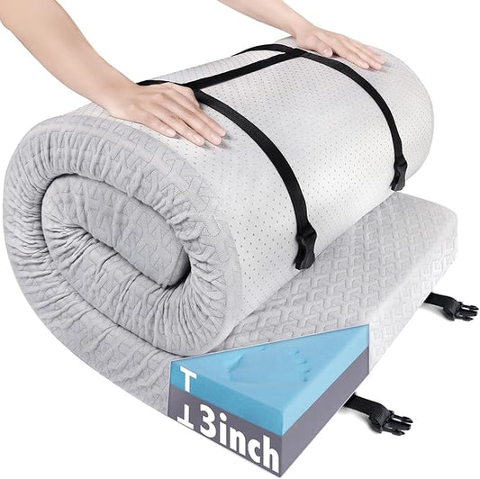 Memory Foam Camping Mattress Pad 3 Inch Thick, Portable Sleeping Pad with Waterproof Cover, Portable Roll Up Cot Mattress Pad Floor Mat for Travel Truck Bed Tent 72" x 24"x 3"