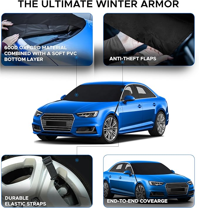EcoNour Windshield Cover for Ice and Snow | Easy-Install with Adjustable Hooks & Storage Bag | Ice & Snow Protection | Anti-Theft Windshield Covers