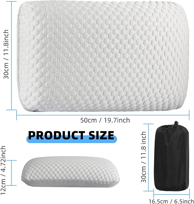 Crisonky Travel and Camping Pillow- Compressible Medium Firm Memory Foam Pillow with Carry Bag for Backpacking & Airplane, Lumbar Support. Breathable Cooling Fabric, Washable Pillowcase (Royal Silver)