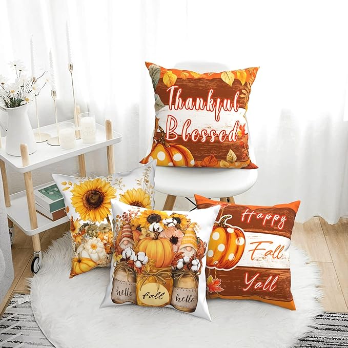 Fall Pumpkin Throw Pillow Covers 18 X 18 Inch Set of 4 Decorative Cushion Cover Home Decor for Sofa Chair Couch Bedroom Living Room