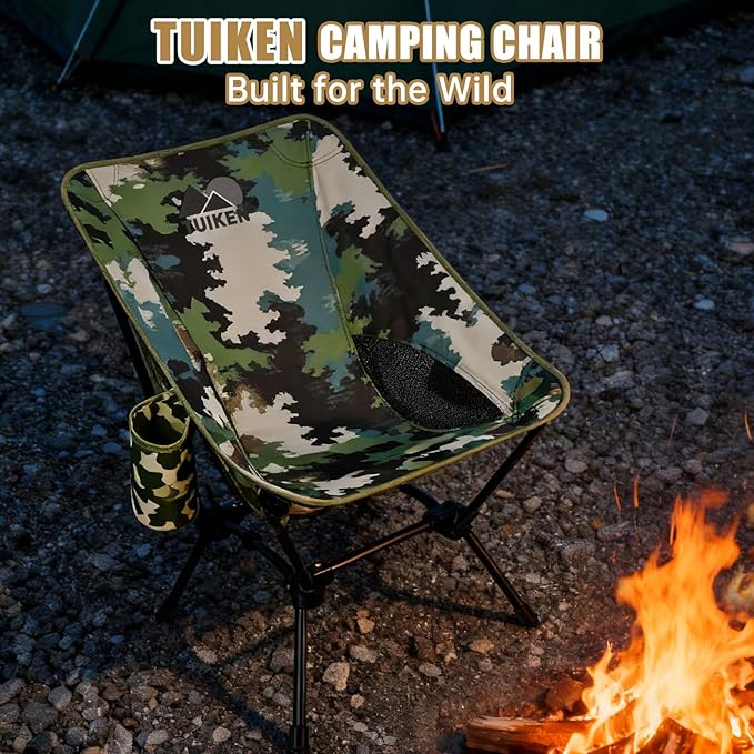 Ultralight Camping Chair Backpacking Chair, Portable Camp Chair with Cup Holder & Storage Bag, Lightweight Compact Folding Chair for Hiking, Travel, Picnic Mountaineering (Camo)