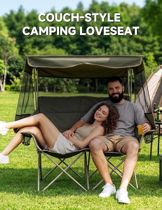 East Oak Padded Double Camping Chair with Canopy | 24" High Back Camping Couch for Adults with Full Sun Coverage, 14.7 lbs Lightweight, 660 lbs Heavy Duty Canopy Chair for Outdoors