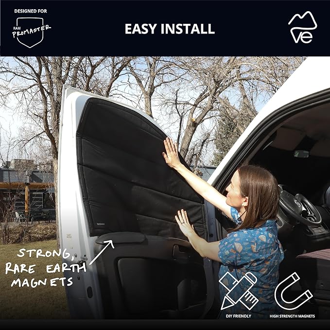 VanEssential Insulated Stealth Blackout Front Door Window Covers Designed for RAM Promaster Van Years 2014 to Current Model (Pair) - Black