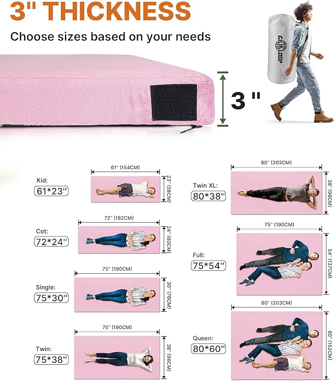 GAIALOOP 3 Inch Memory Foam Camping Mattress, Dual Layer Thick Sleeping Camp Pad for Car Tent Cot, Roll-Up Portable Glamping Floor Bed for Guests Sleepover
