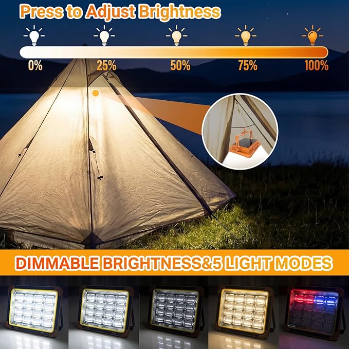 Vcwtty 120W Solar Rechargeable Work Light, 192 LED 10000LM Portable Flood Light with Stand，LED Work Light with 5 Modes，IP66 Waterproof Outdoor Light for Mechanic Camping Fishing Repair (1)