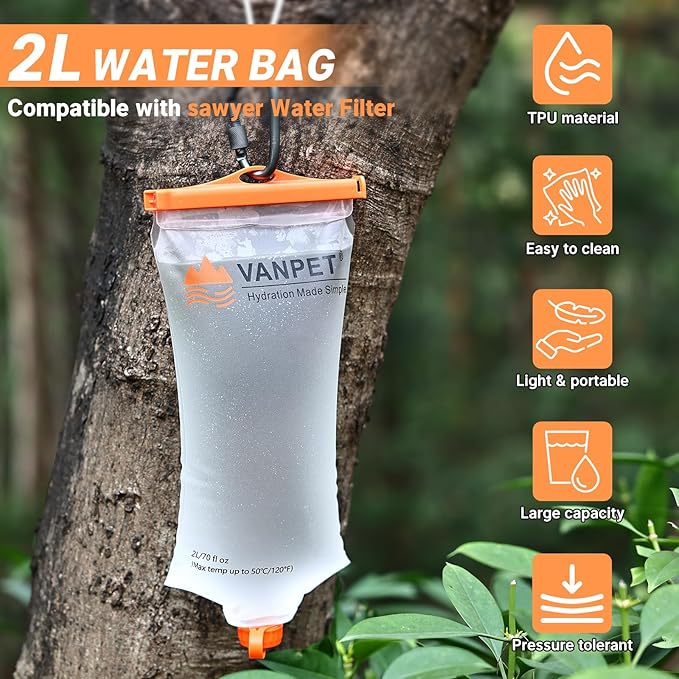VANPET 2L&1L Water Bag Compatible with Sawyer Squeeze Water Filter, Durable TPU Material, BPA & PVC Free Squeeze Pouch, Collapsible Hydration Canteens for Camping Hiking Cycling